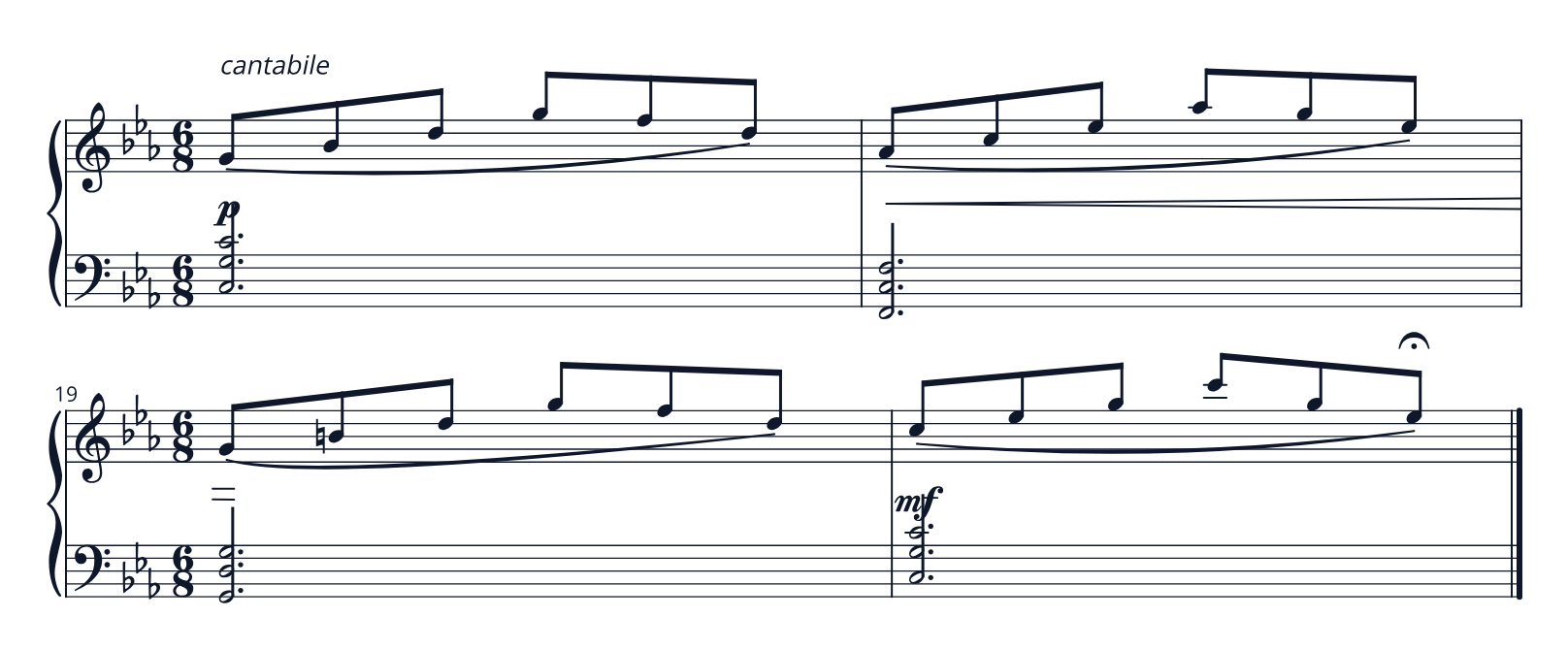 Production-rendered original Ballade Study No. 1, measures 17 through 20