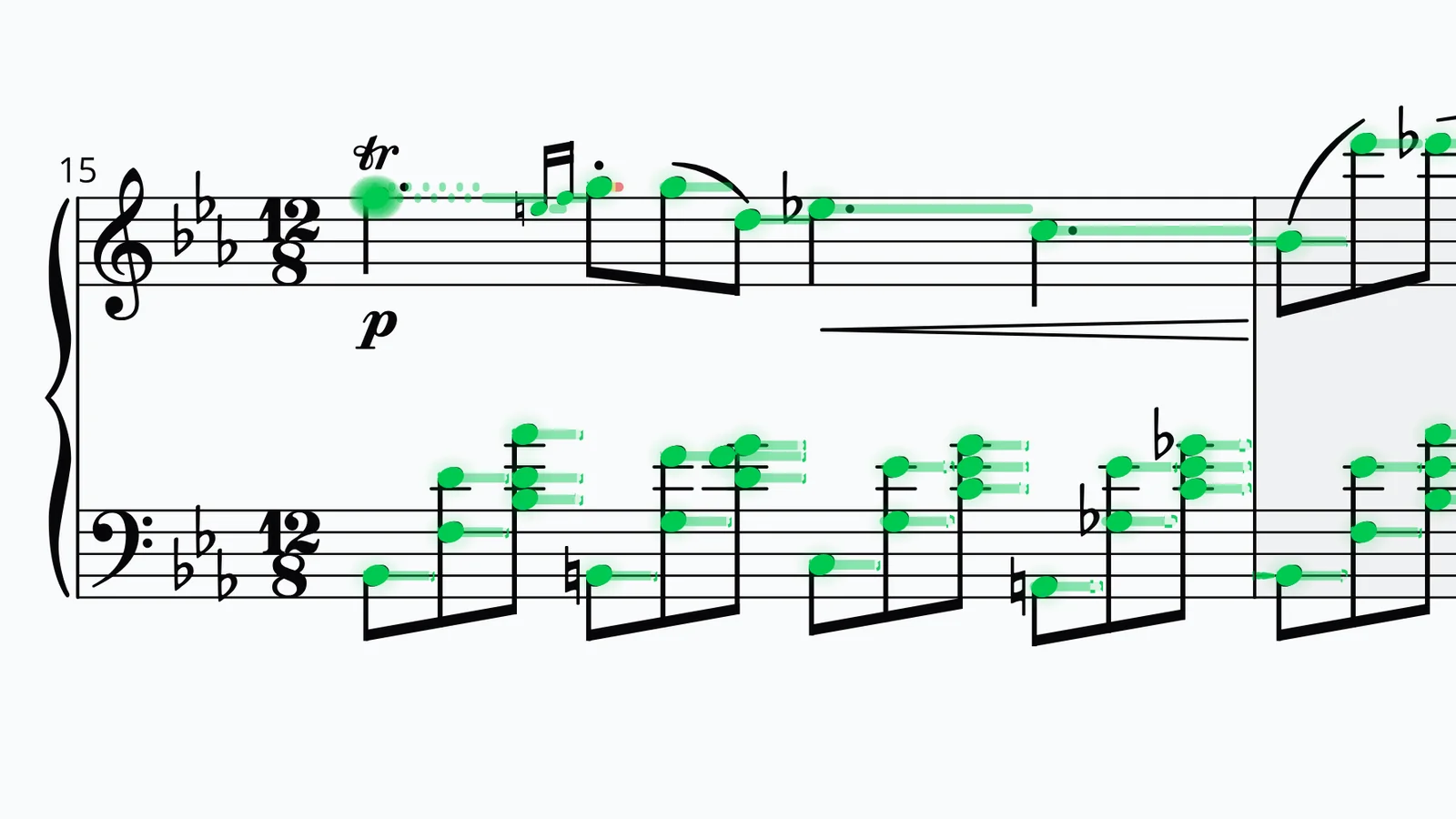 A score marking correctly played notes in green during a take