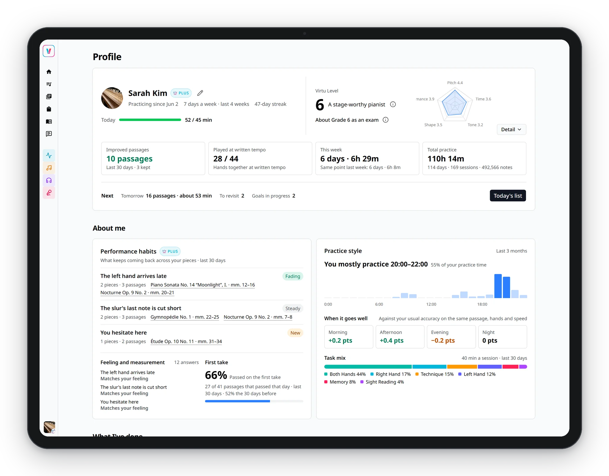 Virtu profile on an iPad: Virtu Level 6 with its skill radar, improved passages, this week’s practice, and recurring performance habits