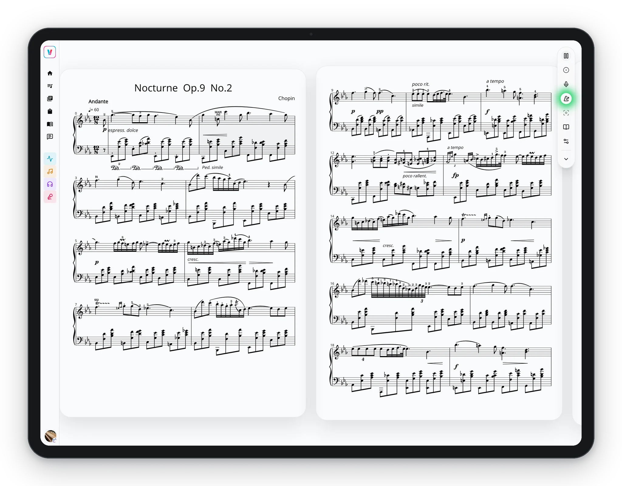 Virtu on an iPad: a two-page score playing, with the current bar highlighted and the metronome pulsing